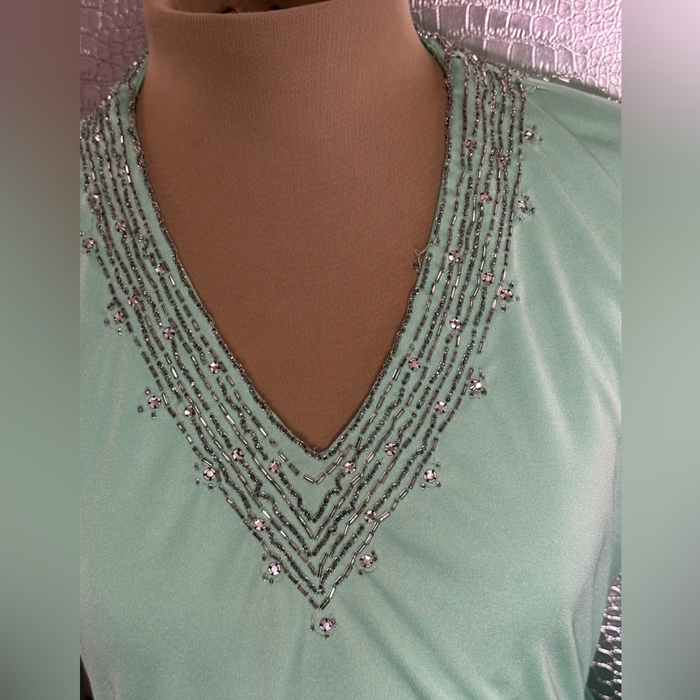 Kay Kipps New York Vintage Elegant Beaded Mint Green Long Sleeve Evening Dress - Picture 4 of 14